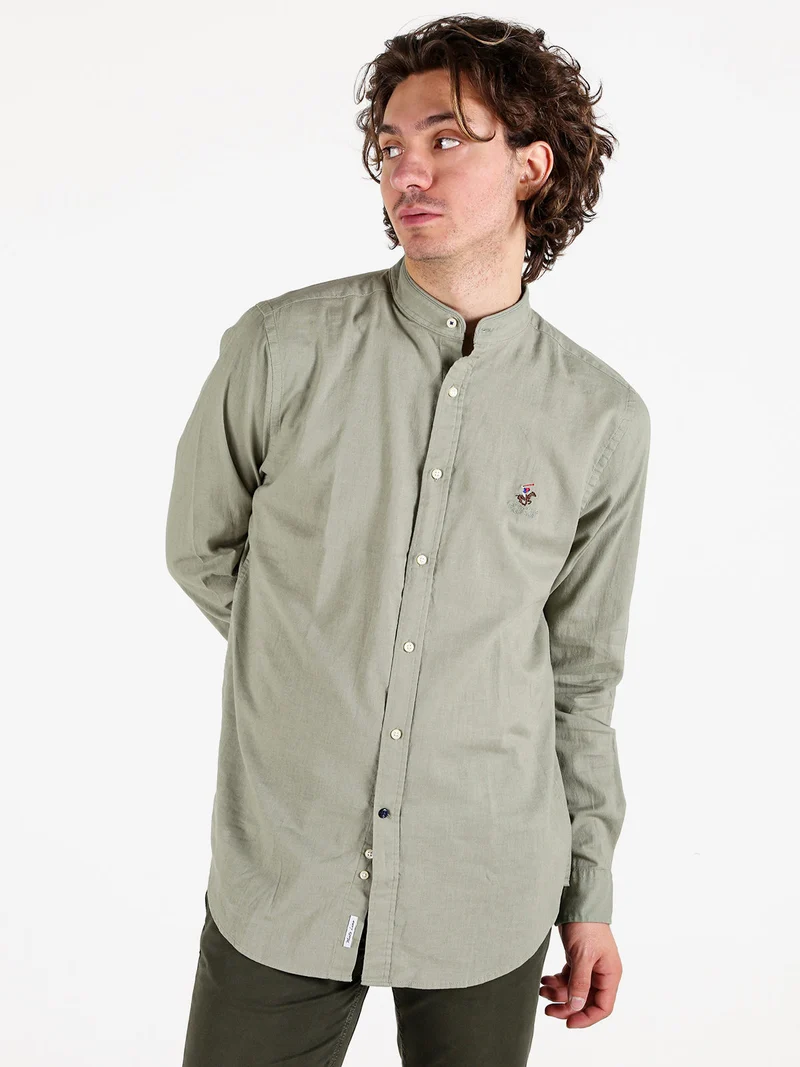 Camicia da uomo alla coreana in misto lino e cotone - pistacchio