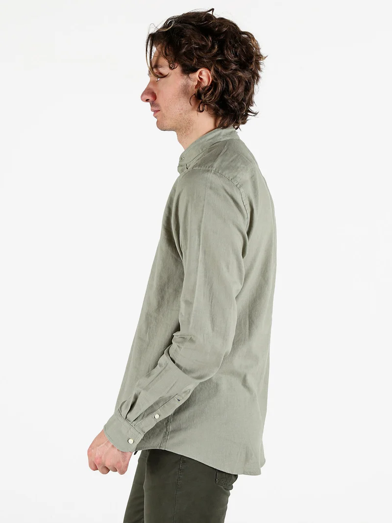 Camicia da uomo alla coreana in misto lino e cotone - pistacchio