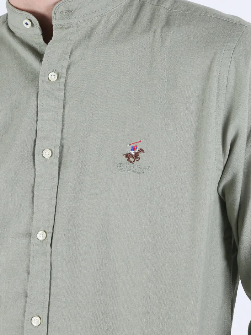 Camicia da uomo alla coreana in misto lino e cotone - pistacchio