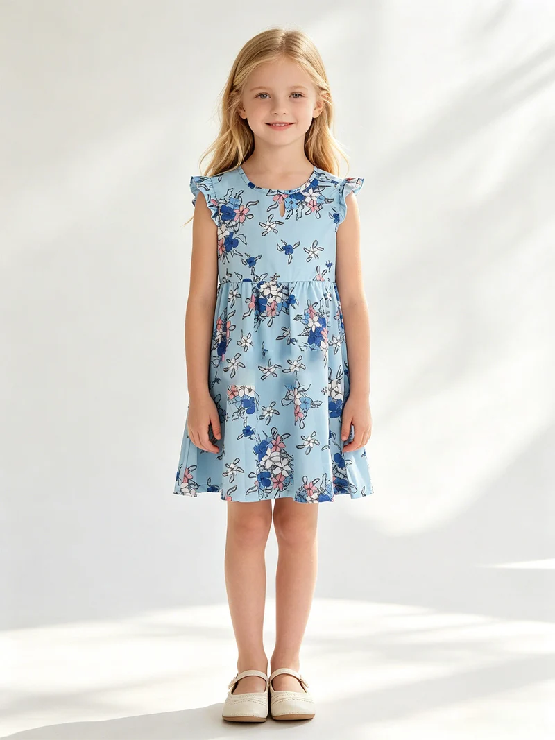 Vestito da bambina floreale con maniche corte a volant - azzurro