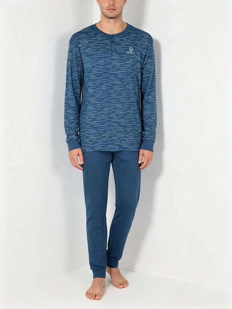 Pigiama lungo da uomo in cotone interlock - blu