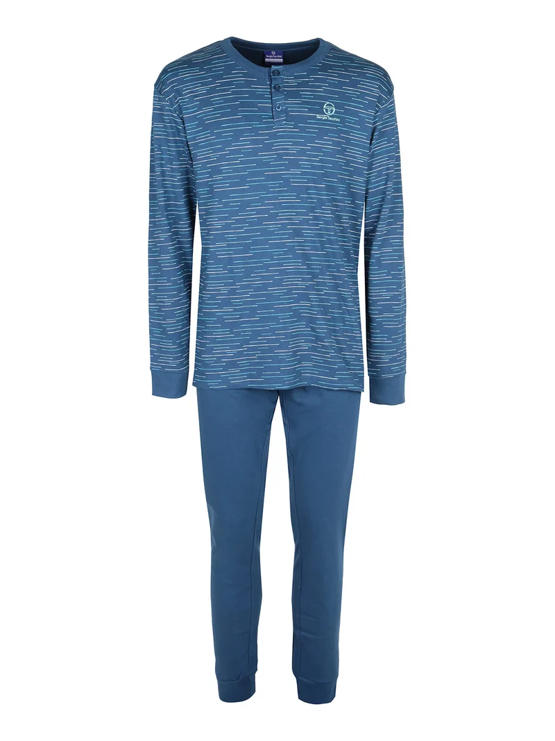 Pigiama lungo da uomo in cotone interlock - blu