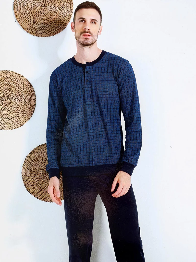 Pigiama lungo da uomo in cotone jersey - blu