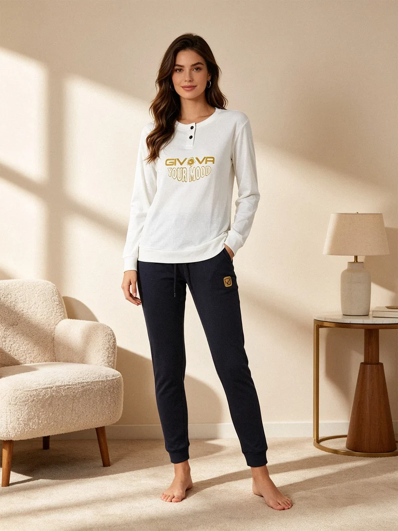 Pigiama lungo da donna in cotone interlock con stampa - panna