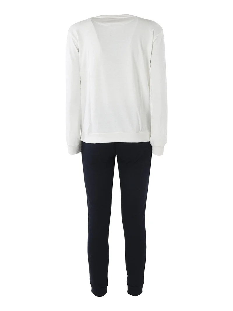 Pigiama lungo da donna in cotone interlock con stampa - panna