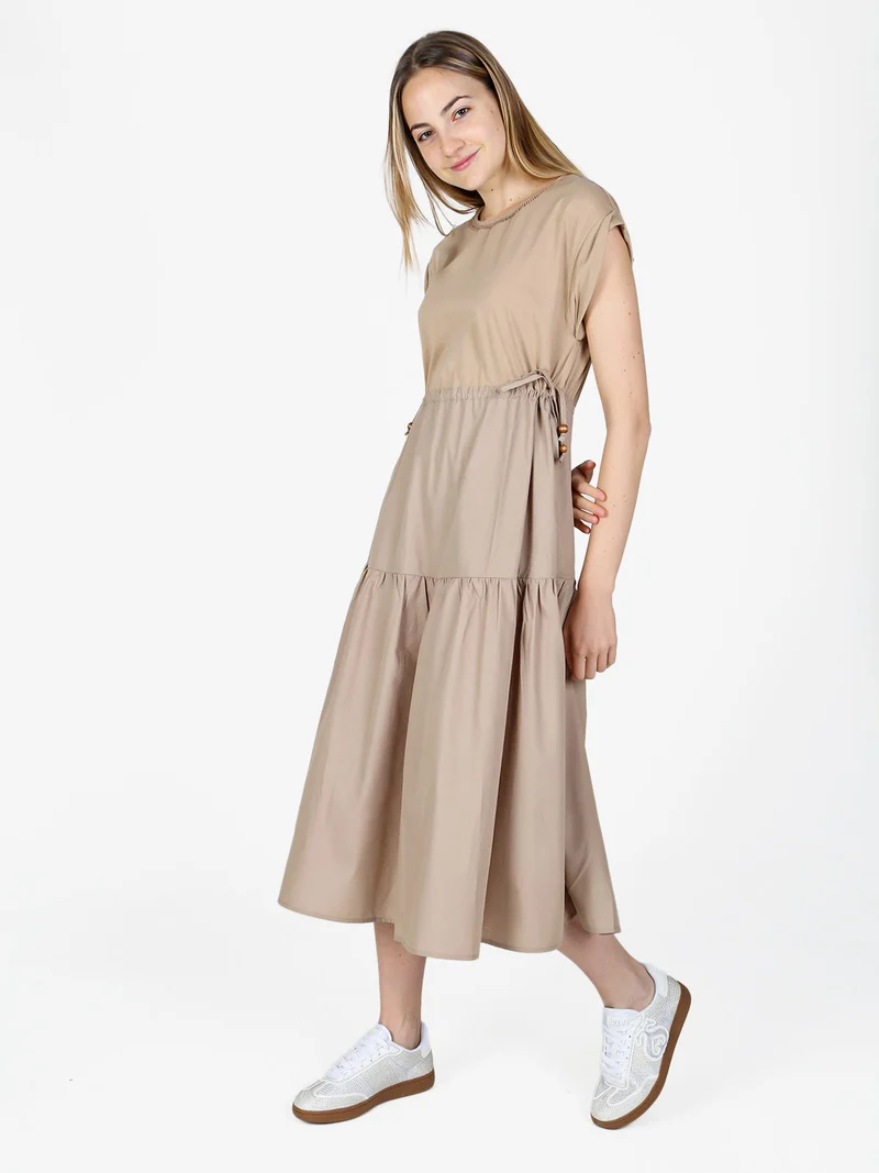 Abito lungo da donna in misto cotone senza maniche - khaki