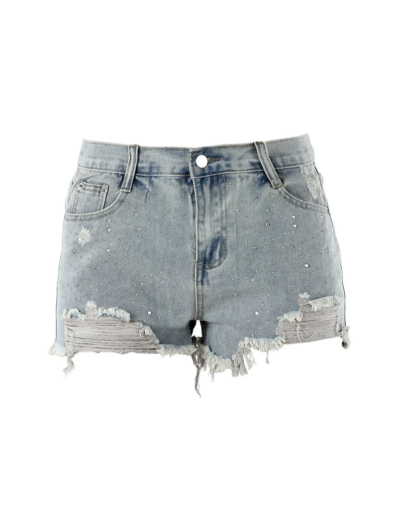 Shorts in jeans da donna con strappi e micro borchie - jeans