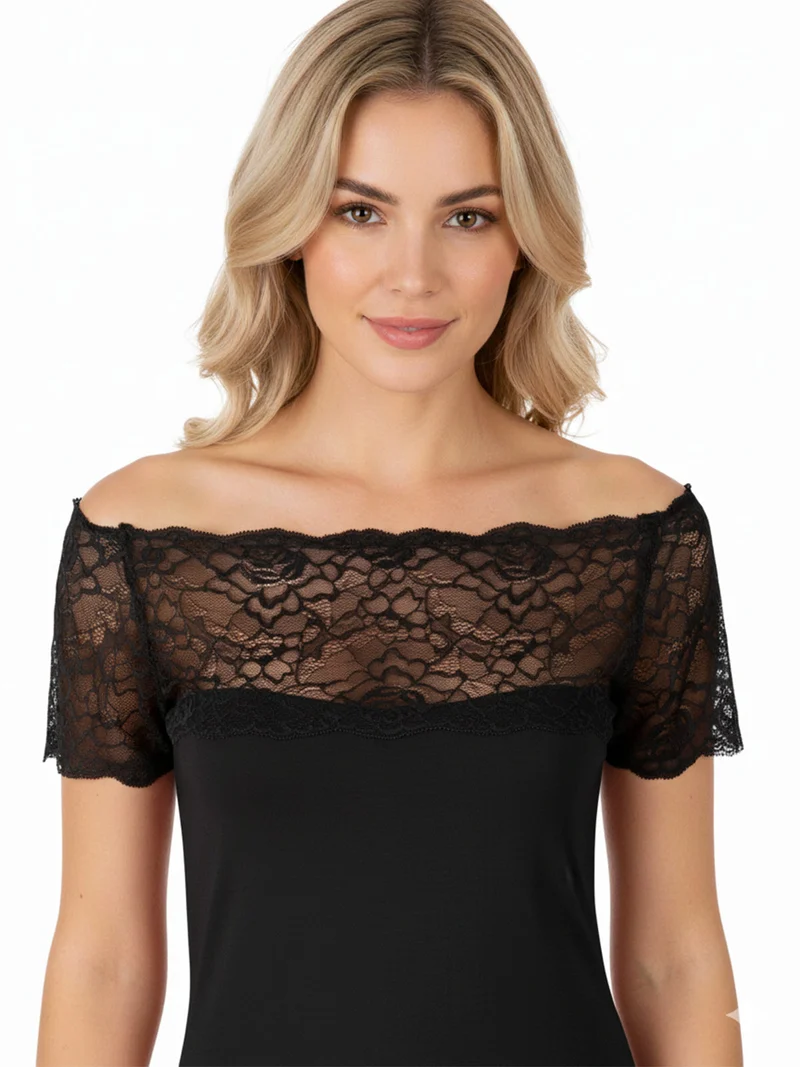 Maglia donna a maniche corte con scollo a barca in pizzo - nero