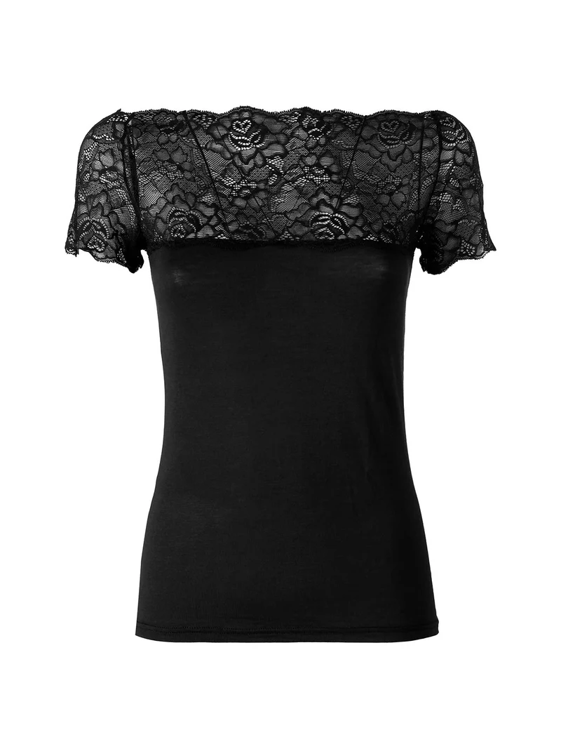 Maglia donna a maniche corte con scollo a barca in pizzo - nero