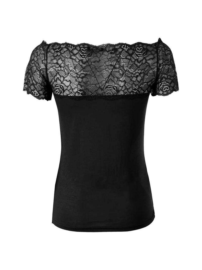 Maglia donna a maniche corte con scollo a barca in pizzo - nero