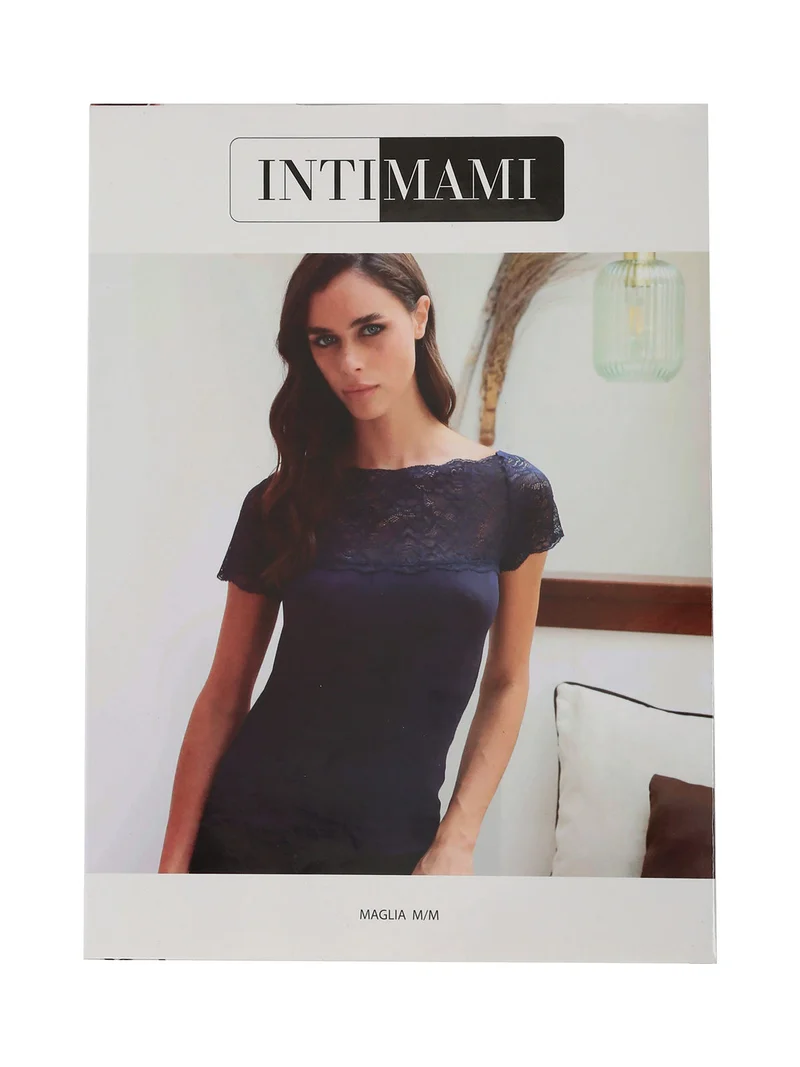 Maglia donna a maniche corte con scollo a barca in pizzo - nero