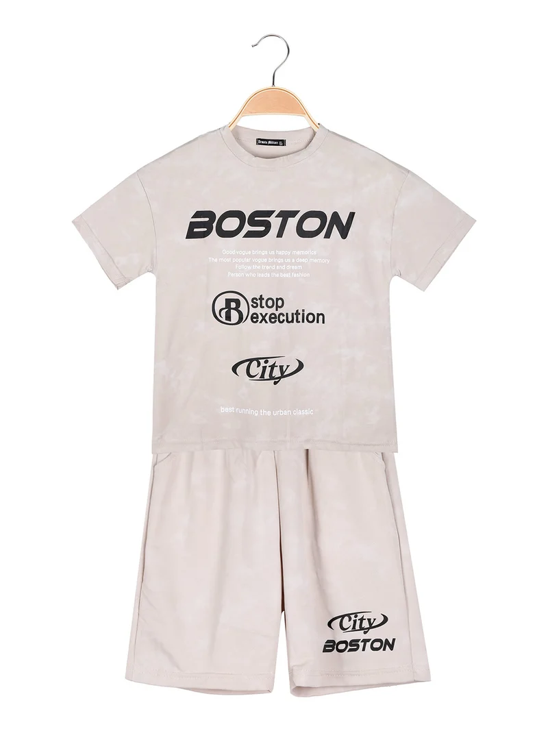 Completo corto da bambino in cotone con t-shirt e bermuda - beige