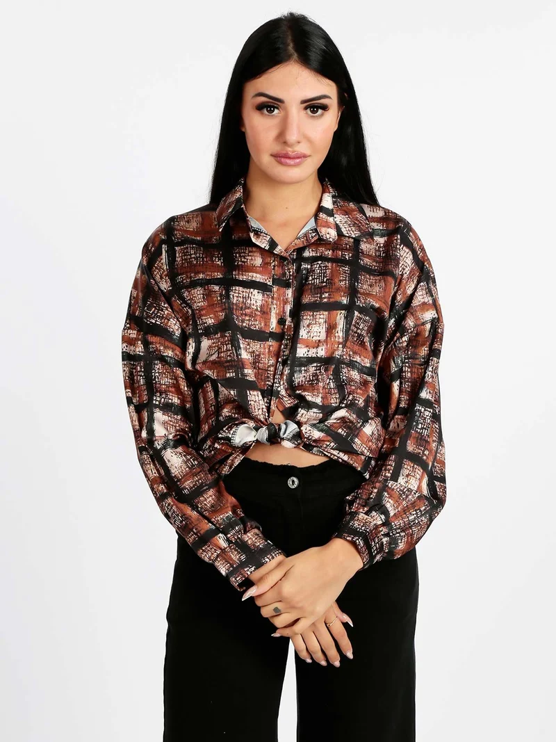 Camicia donna a fantasia con nodo - marrone