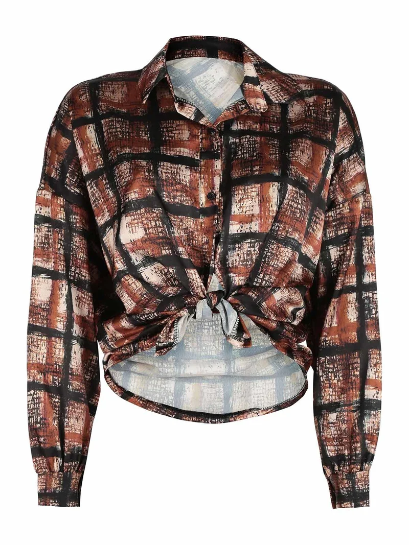 Camicia donna a fantasia con nodo - marrone