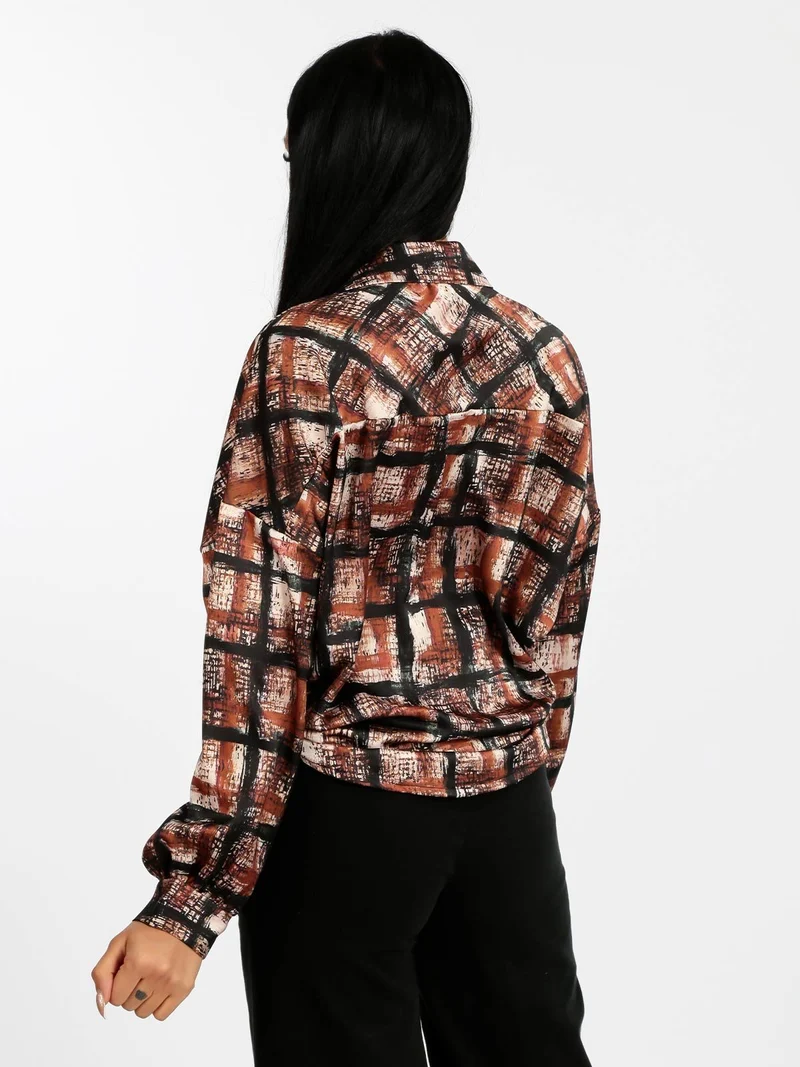 Camicia donna a fantasia con nodo - marrone