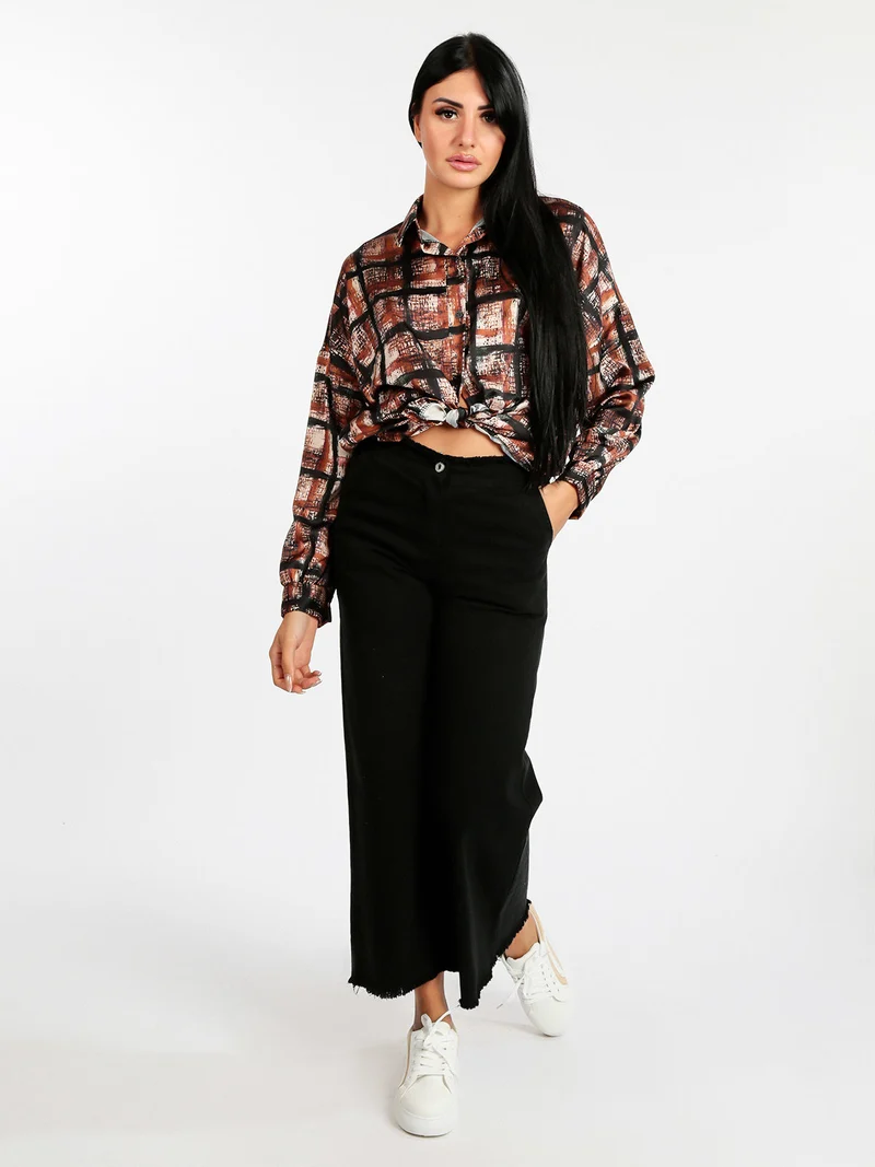 Camicia donna a fantasia con nodo - marrone