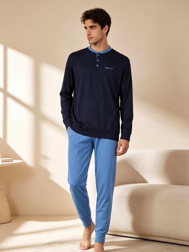 Pigiama lungo da uomo in cotone - blu scuro