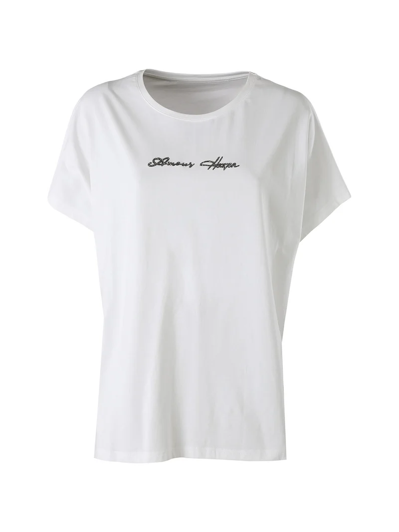 T-shirt donna oversize in cotone con scritta a lustrini - bianco