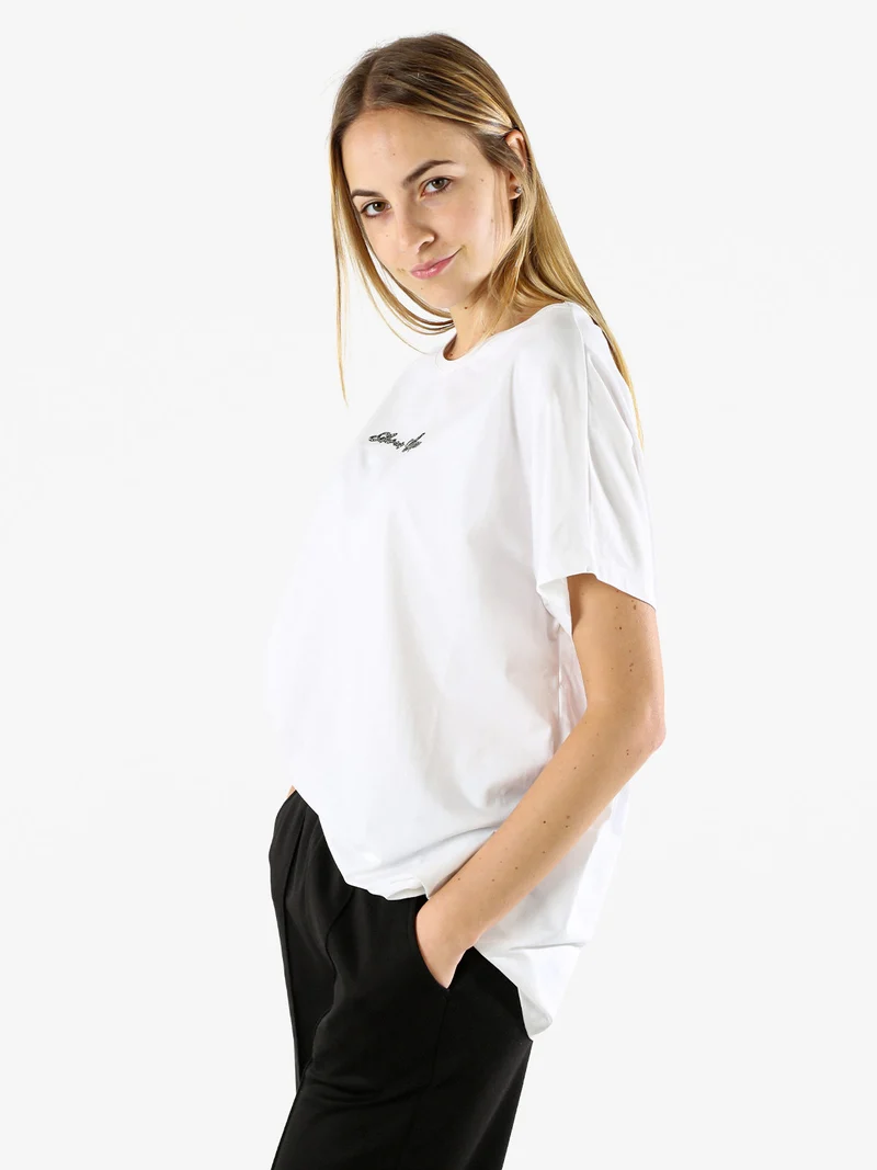 T-shirt donna oversize in cotone con scritta a lustrini - bianco