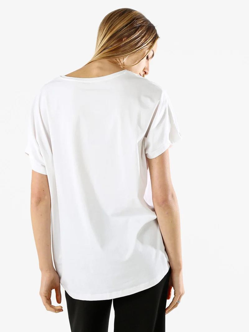 T-shirt donna oversize in cotone con scritta a lustrini - bianco
