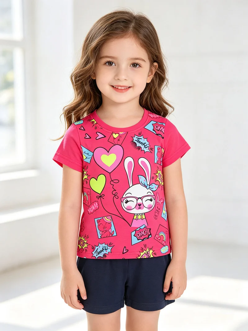 Completo corto da neonata in cotone - fucsia