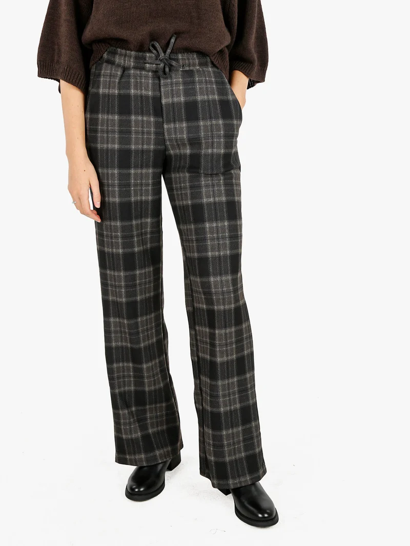 Pantaloni donna a quadri con gamba larga e interno in pile - marrone