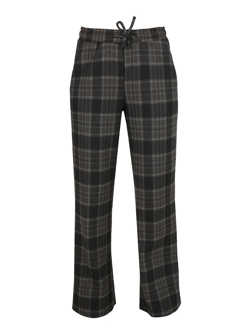 Pantaloni donna a quadri con gamba larga e interno in pile - marrone