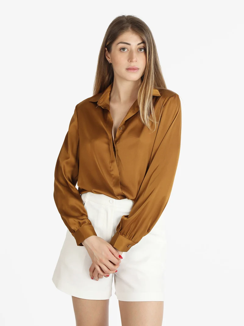Camicia donna in raso con colletto - marrone