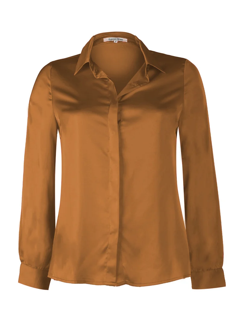 Camicia donna in raso con colletto - marrone