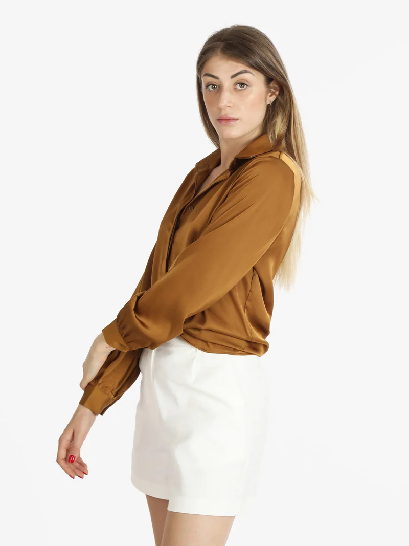 Camicia donna in raso con colletto - marrone