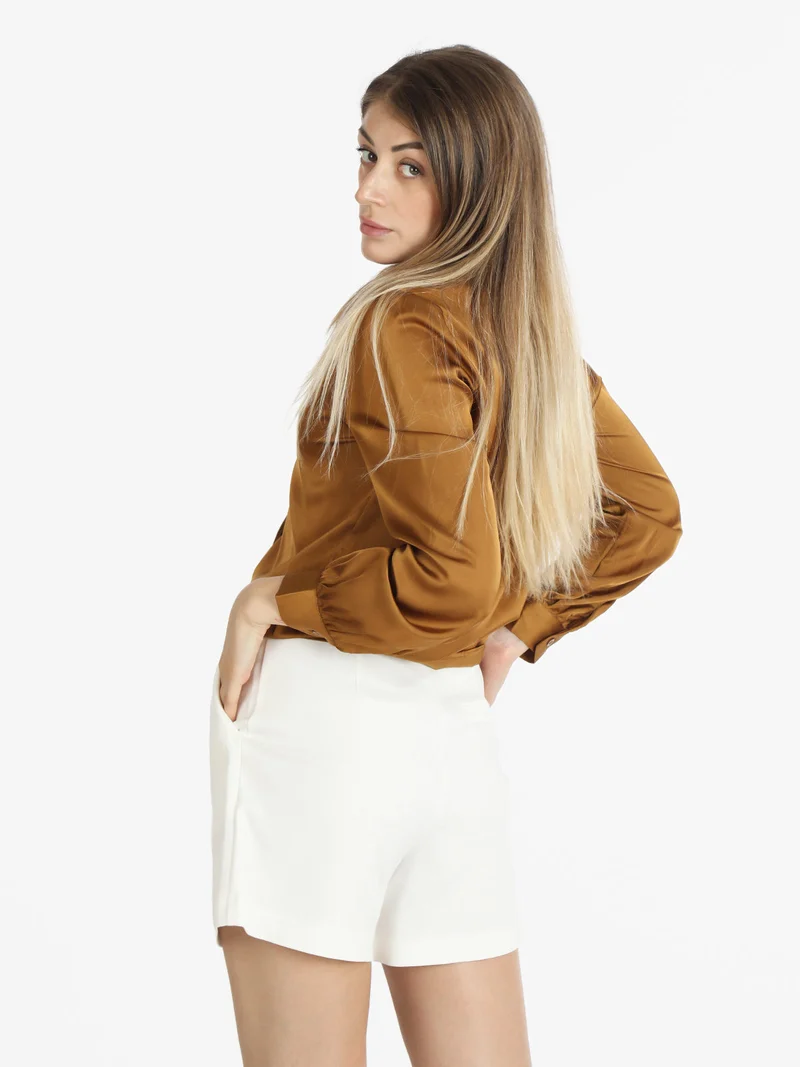 Camicia donna in raso con colletto - marrone