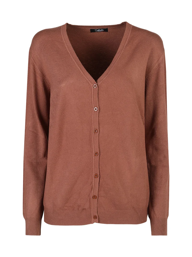 Cardigan donna in maglia con bottoni - cuoio