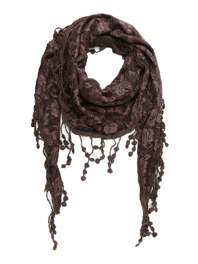 Sciarpa donna con pizzo e nappine - marrone