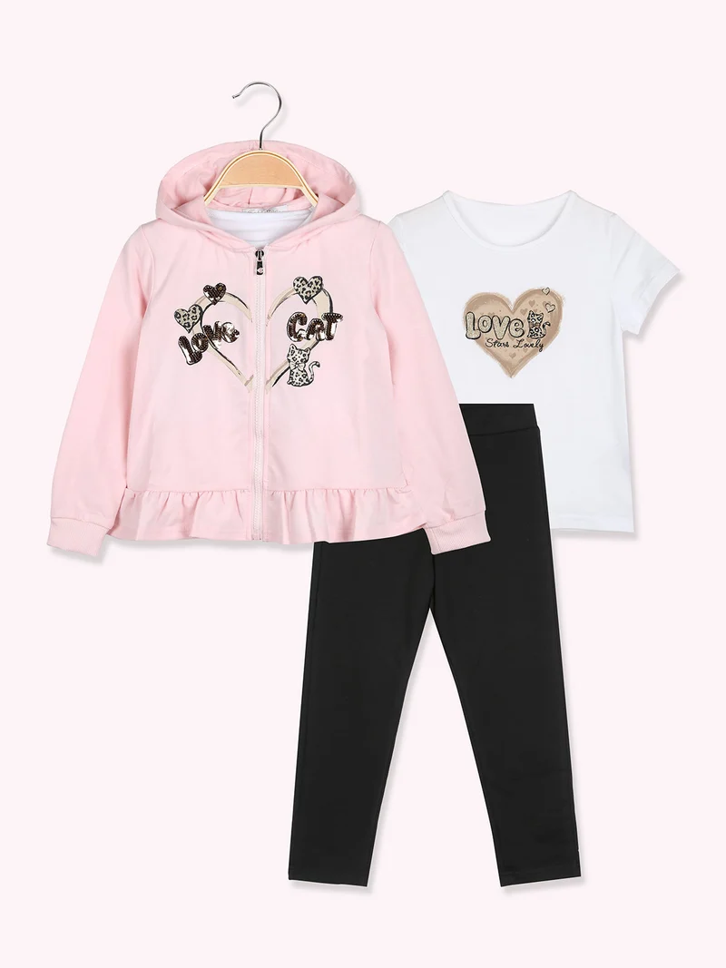 Completo 3 pezzi da bambina con cappuccio e zip - rosa