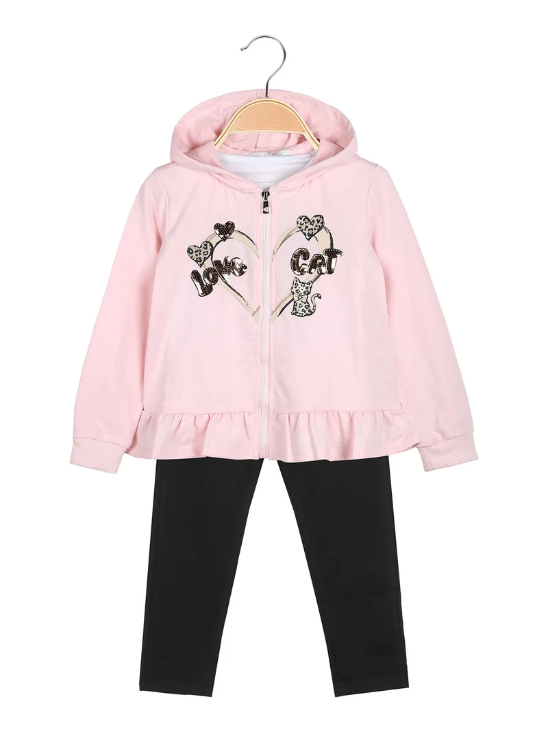 Completo 3 pezzi da bambina con cappuccio e zip - rosa