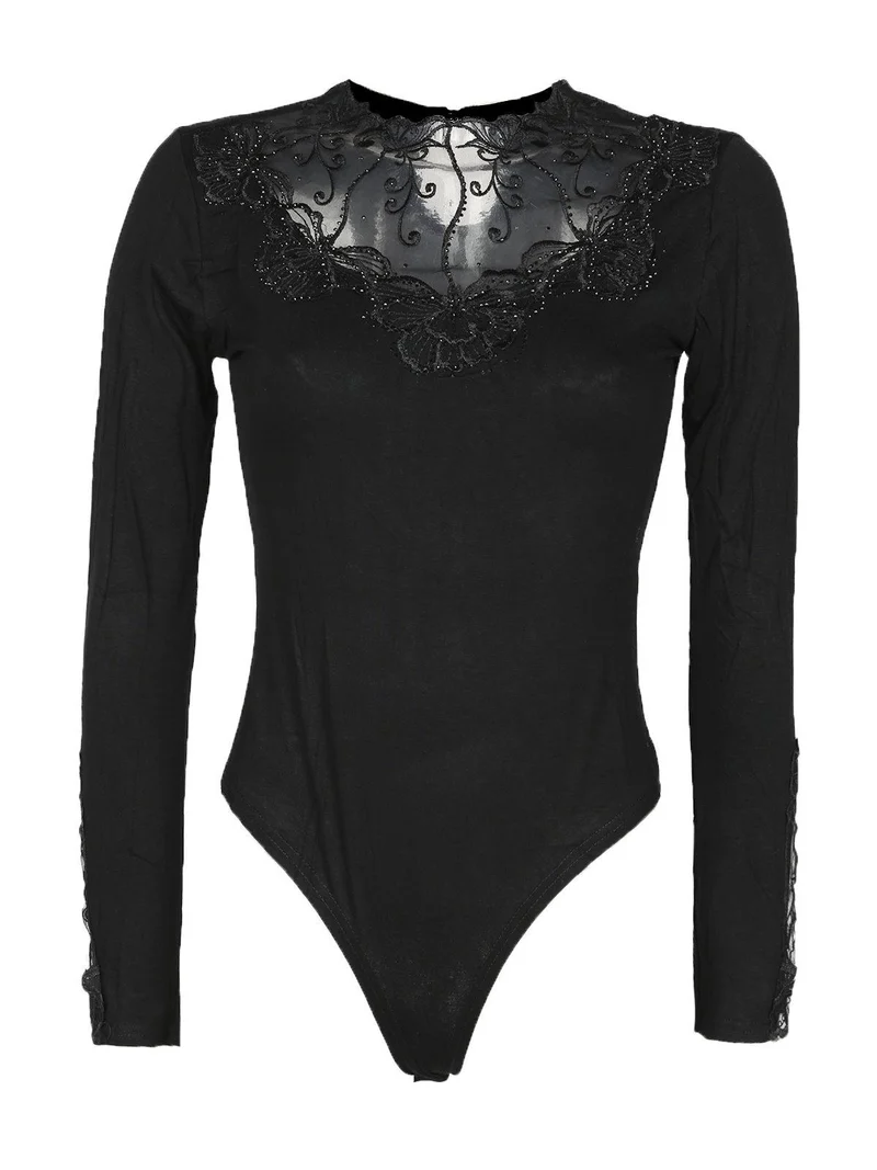 Body con tulle e strass - nero