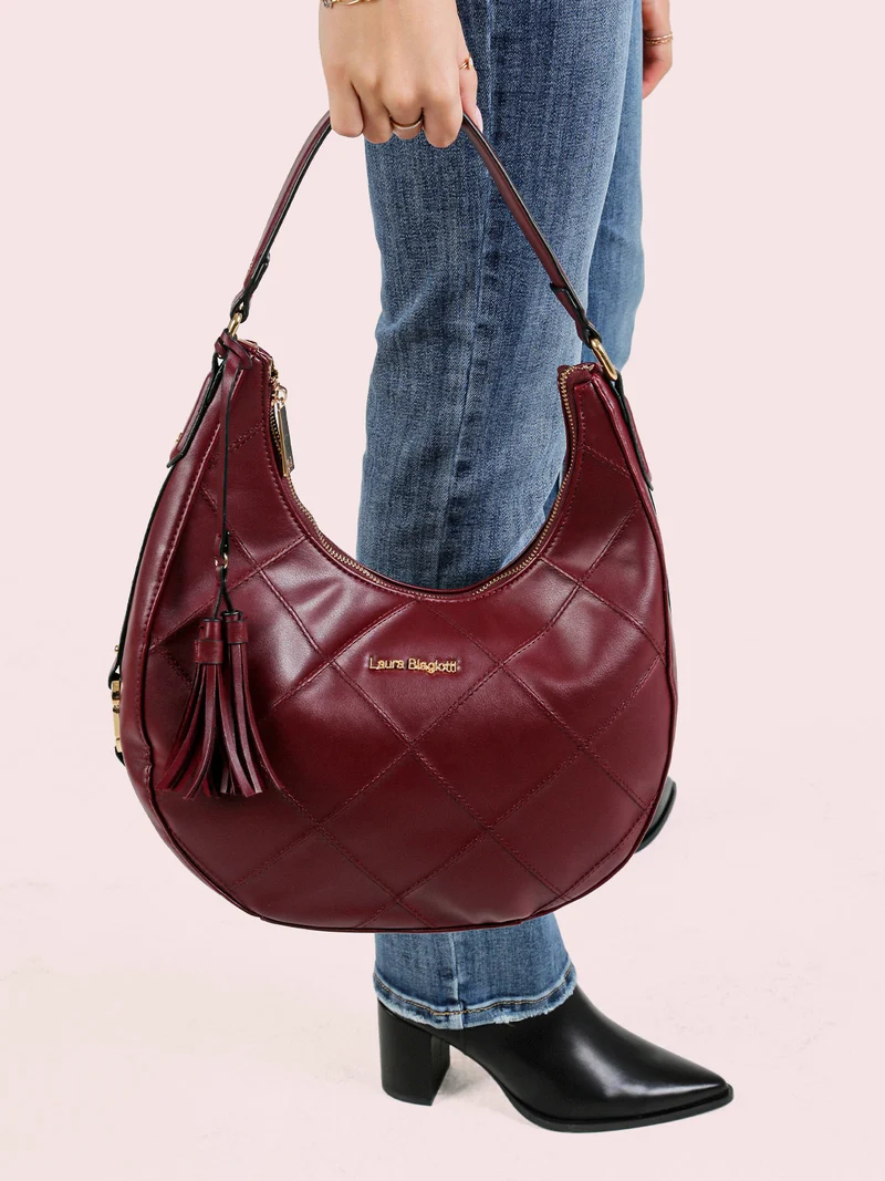 Borsa donna hobo con trama a rombi - bordeaux