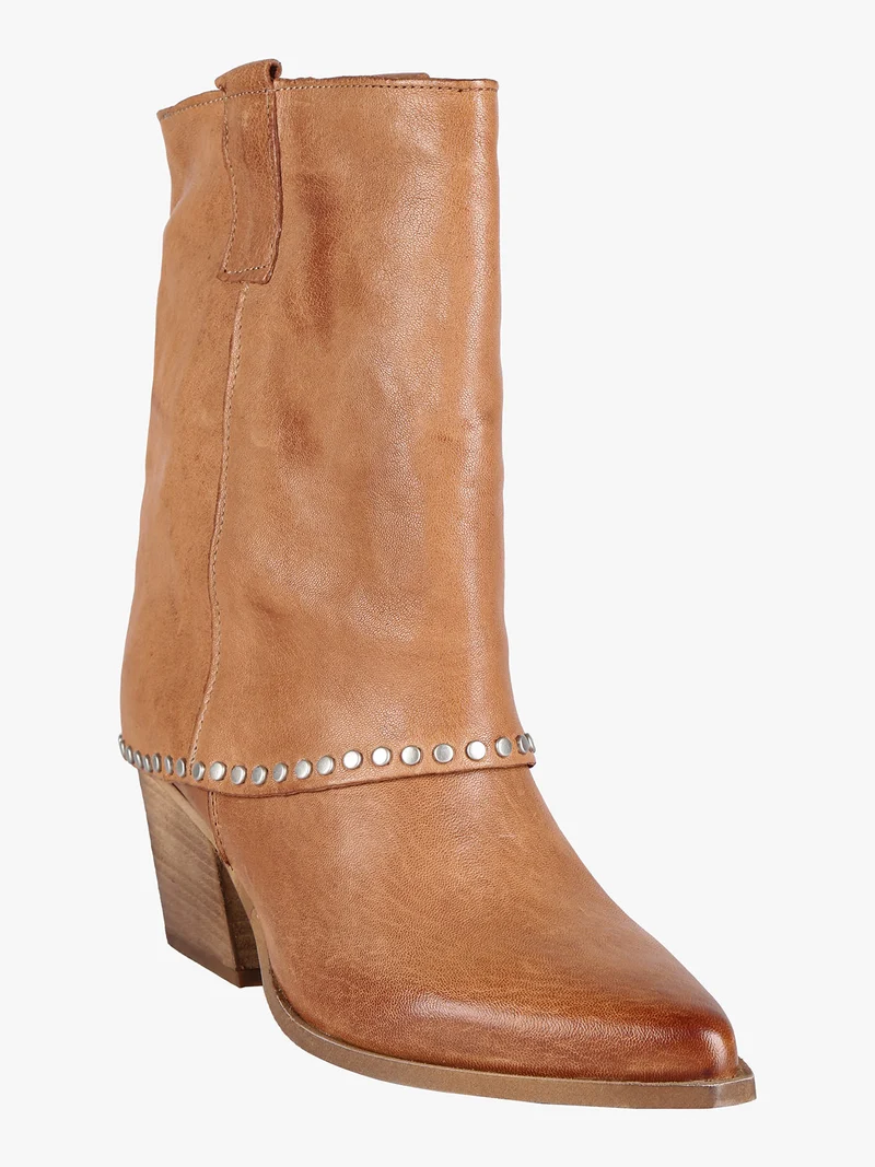 Stivaletti in pelle da donna texani con borchie - cammello