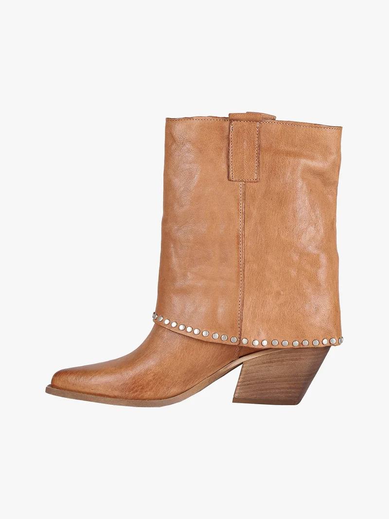 Stivaletti in pelle da donna texani con borchie - cammello