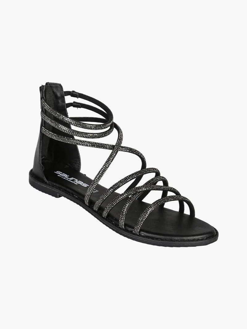 Sandali donna gioiello in pelle con tallone chiuso e zip - nero