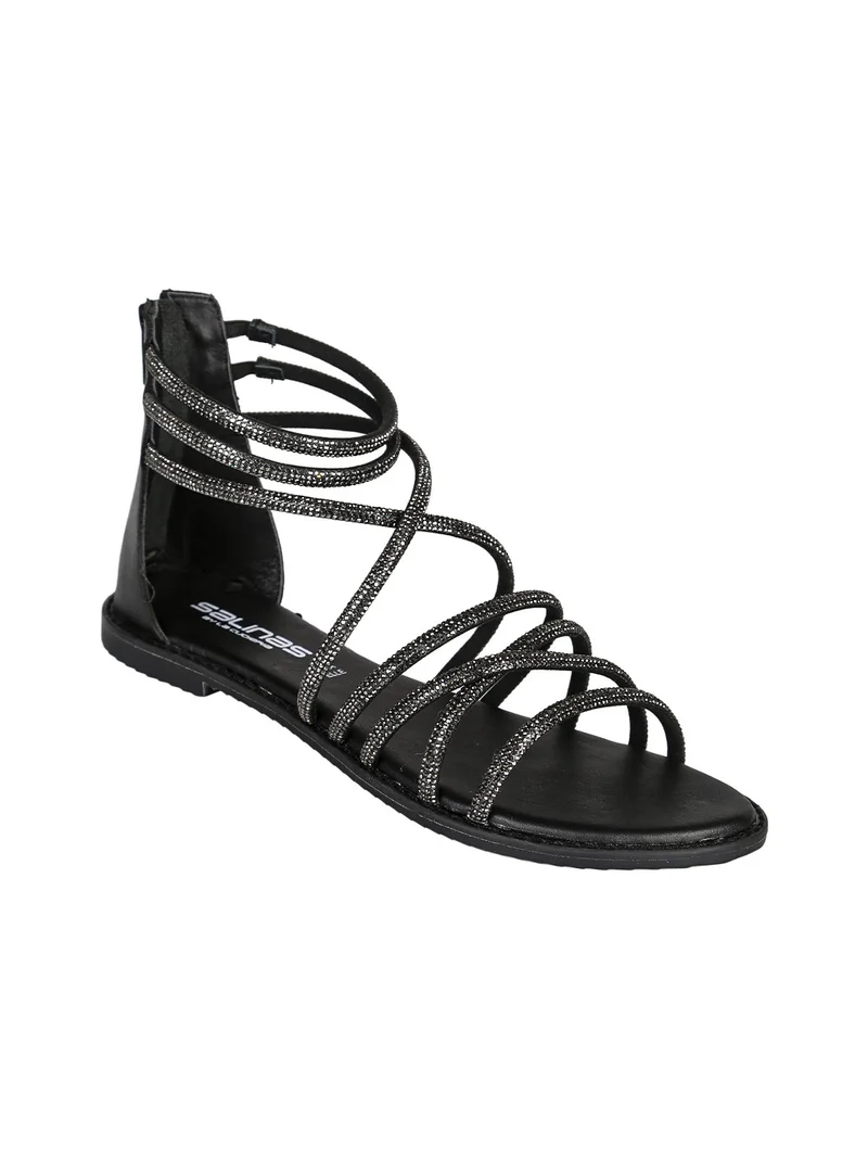 Sandali donna gioiello in pelle con tallone chiuso e zip - nero