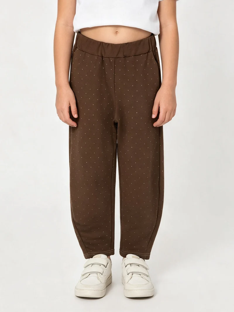 Pantaloni da bambina a palloncino con micro borchie - moro