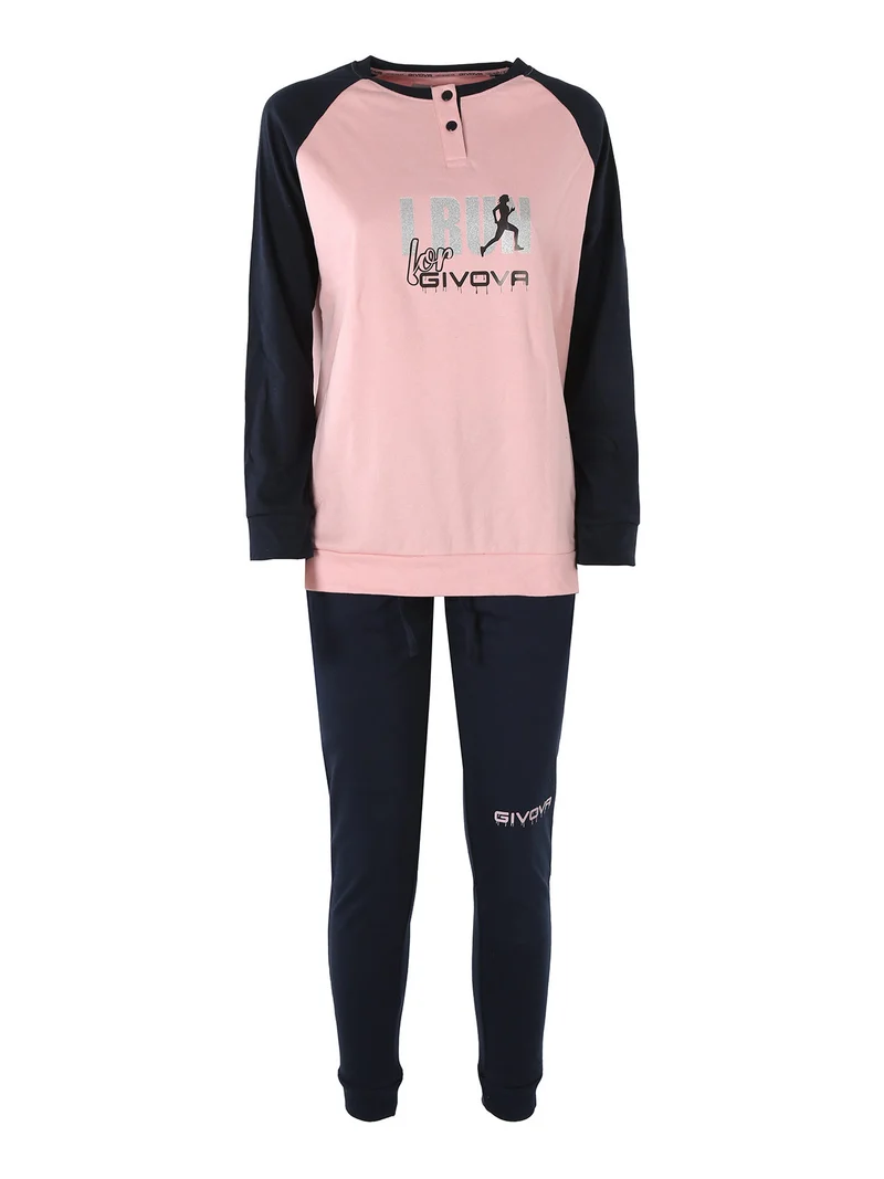 Pigiama lungo da donna in cotone interlock con stampa - rosa