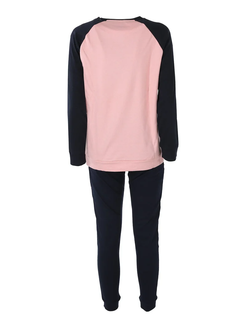 Pigiama lungo da donna in cotone interlock con stampa - rosa
