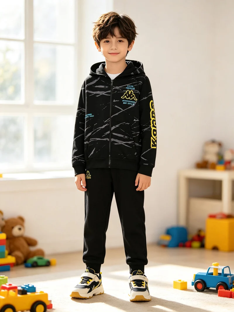 Completo tuta da ragazzo 2 pezzi con cappuccio e zip - nero