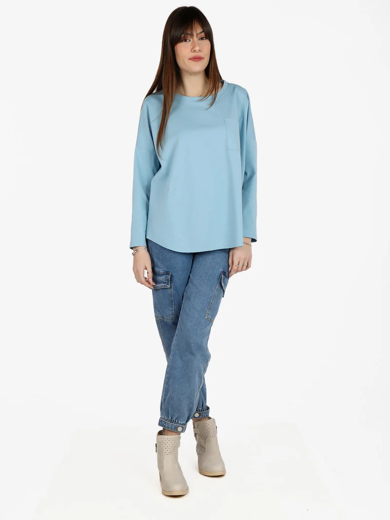 Maxi t-shirt donna oversize con taschino - azzurro