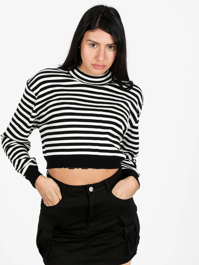 Pullover cropped da donna a righe - nero