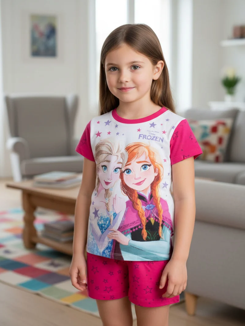 Anna e Elsa pigiama corto da bambina in cotone - fucsia