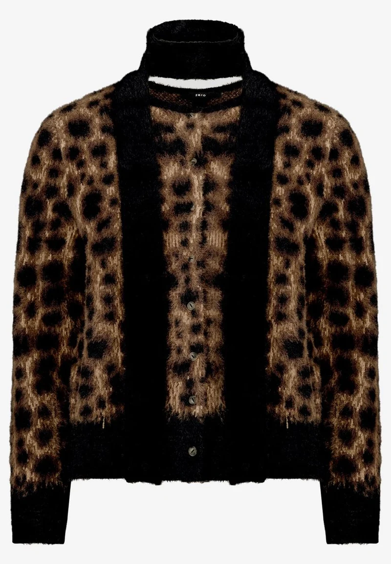 Flauschige Leo-Strickjacke mit Schal
