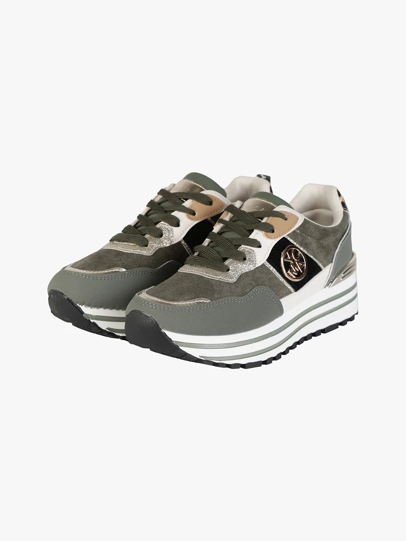 Sneakers donna stringate in tessuto scamosciato con platform - oliva